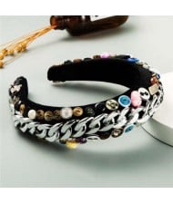 Assorted Buttons and Alloy Chain Mix Design Baroque High Fashion Women Headband - Silver