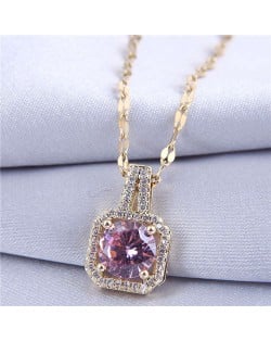 Elegant Four Claws Cubic Zirconia Embellished Square Pendant High Fashion Women Necklace - Golden and Purple