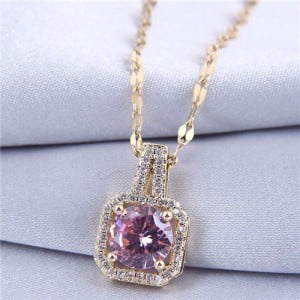 Elegant Four Claws Cubic Zirconia Embellished Square Pendant High Fashion Women Necklace - Golden and Purple