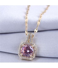 Elegant Four Claws Cubic Zirconia Embellished Square Pendant High Fashion Women Necklace - Golden and Purple