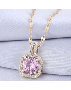 Elegant Four Claws Cubic Zirconia Embellished Square Pendant High Fashion Women Necklace - Golden and Violet