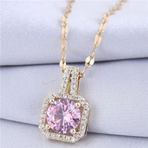 Elegant Four Claws Cubic Zirconia Embellished Square Pendant High Fashion Women Necklace - Golden and Violet