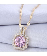 Elegant Four Claws Cubic Zirconia Embellished Square Pendant High Fashion Women Necklace - Golden and Violet