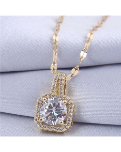 Elegant Four Claws Cubic Zirconia Embellished Square Pendant High Fashion Women Necklace - Golden and White