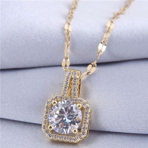 Elegant Four Claws Cubic Zirconia Embellished Square Pendant High Fashion Women Necklace - Golden and White