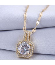 Elegant Four Claws Cubic Zirconia Embellished Square Pendant High Fashion Women Necklace - Golden and White