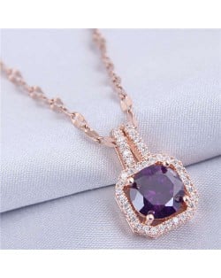 Elegant Four Claws Cubic Zirconia Embellished Square Pendant High Fashion Women Necklace - Rose Gold and Purple