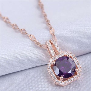 Elegant Four Claws Cubic Zirconia Embellished Square Pendant High Fashion Women Necklace - Rose Gold and Purple