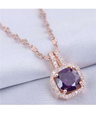 Elegant Four Claws Cubic Zirconia Embellished Square Pendant High Fashion Women Necklace - Rose Gold and Purple