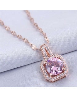 Elegant Four Claws Cubic Zirconia Embellished Square Pendant High Fashion Women Necklace - Rose Gold and Pink