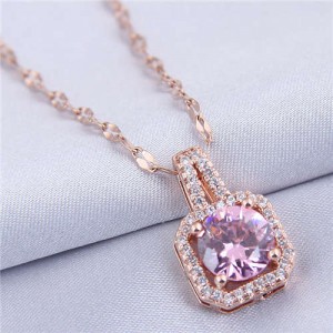 Elegant Four Claws Cubic Zirconia Embellished Square Pendant High Fashion Women Necklace - Rose Gold and Pink