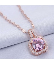 Elegant Four Claws Cubic Zirconia Embellished Square Pendant High Fashion Women Necklace - Rose Gold and Pink