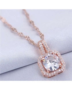 Elegant Four Claws Cubic Zirconia Embellished Square Pendant High Fashion Women Necklace - Rose Gold and White