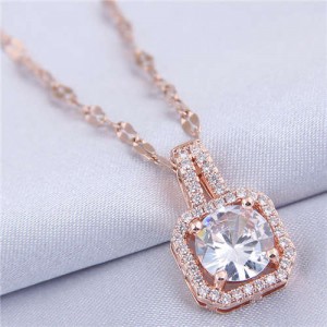Elegant Four Claws Cubic Zirconia Embellished Square Pendant High Fashion Women Necklace - Rose Gold and White