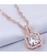 Elegant Four Claws Cubic Zirconia Embellished Square Pendant High Fashion Women Necklace - Rose Gold and White