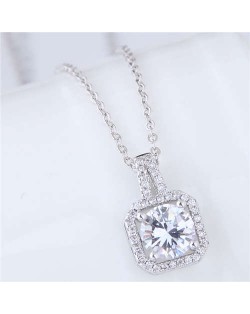 Elegant Four Claws Cubic Zirconia Embellished Square Pendant High Fashion Women Necklace - Platinum and White