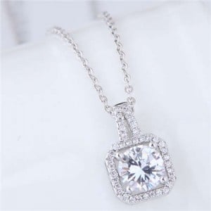 Elegant Four Claws Cubic Zirconia Embellished Square Pendant High Fashion Women Necklace - Platinum and White
