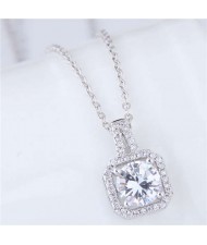 Elegant Four Claws Cubic Zirconia Embellished Square Pendant High Fashion Women Necklace - Platinum and White