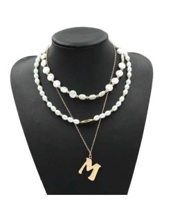 Golden Alphabet M Pendant Multi-layer Pearl Fashion Women Statement Necklace