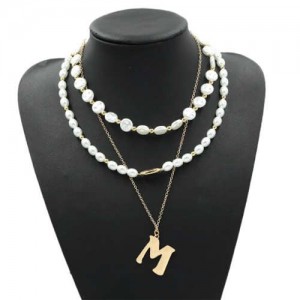 Golden Alphabet M Pendant Multi-layer Pearl Fashion Women Statement Necklace