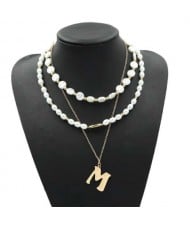 Golden Alphabet M Pendant Multi-layer Pearl Fashion Women Statement Necklace