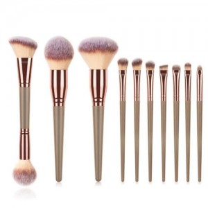 10 pcs Wooden Handle Big Size Women Fashion Powder Brush/ Makeup Brushes Set - Brown