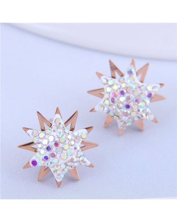 Czech Rhinestone Embellished Sun Flower Design Stainless Steel Women Stud Earrings - White