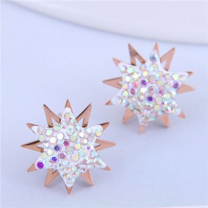 Czech Rhinestone Embellished Sun Flower Design Stainless Steel Women Stud Earrings - White