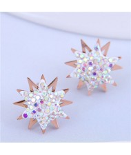 Czech Rhinestone Embellished Sun Flower Design Stainless Steel Women Stud Earrings - White