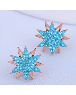 Czech Rhinestone Embellished Sun Flower Design Stainless Steel Women Stud Earrings - Blue