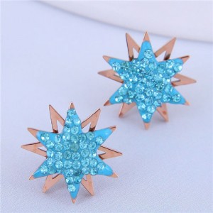 Czech Rhinestone Embellished Sun Flower Design Stainless Steel Women Stud Earrings - Blue