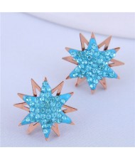 Czech Rhinestone Embellished Sun Flower Design Stainless Steel Women Stud Earrings - Blue