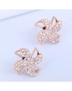 Cute Windmill Czech Rhinestone Fashion Stainless Steel Women Stud Earrings - Luminous White