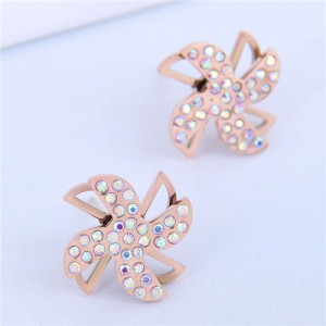 Cute Windmill Czech Rhinestone Fashion Stainless Steel Women Stud Earrings - Luminous White