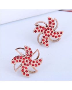 Cute Windmill Czech Rhinestone Fashion Stainless Steel Women Stud Earrings - Red