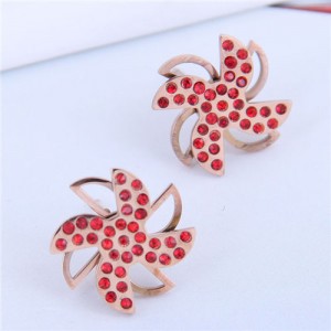 Cute Windmill Czech Rhinestone Fashion Stainless Steel Women Stud Earrings - Red