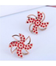 Cute Windmill Czech Rhinestone Fashion Stainless Steel Women Stud Earrings - Red