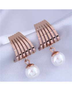 Dangling Pearl Elegant Design Stainless Steel Women Stud Earrings