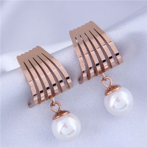 Dangling Pearl Elegant Design Stainless Steel Women Stud Earrings