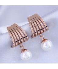 Dangling Pearl Elegant Design Stainless Steel Women Stud Earrings