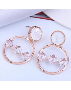 Rhinestone Embellished Sweet Hoop Golden Stainless Steel Women Stud Earrings