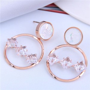 Rhinestone Embellished Sweet Hoop Golden Stainless Steel Women Stud Earrings