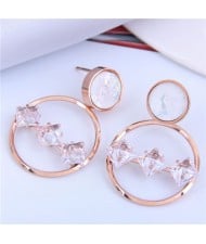 Rhinestone Embellished Sweet Hoop Golden Stainless Steel Women Stud Earrings