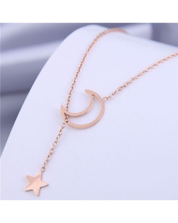 Moon and Star Combo Design Korean Fashion Women Stainless Steel Necklace