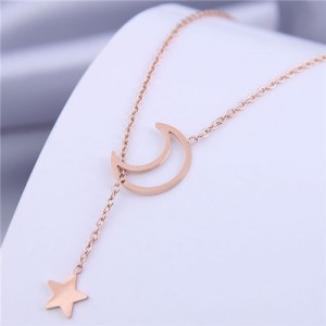 Moon and Star Combo Design Korean Fashion Women Stainless Steel Necklace