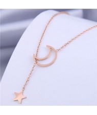 Moon and Star Combo Design Korean Fashion Women Stainless Steel Necklace