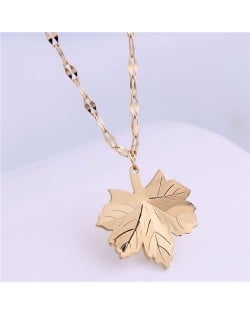 Korean Fashion Maple Leaf Pendant Women Stainless Steel Necklace - Golden