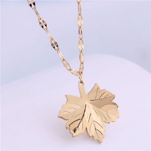 Korean Fashion Maple Leaf Pendant Women Stainless Steel Necklace - Golden