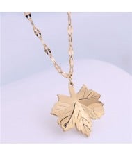 Korean Fashion Maple Leaf Pendant Women Stainless Steel Necklace - Golden