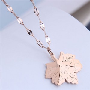 Korean Fashion Maple Leaf Pendant Women Stainless Steel Necklace - Rose Gold